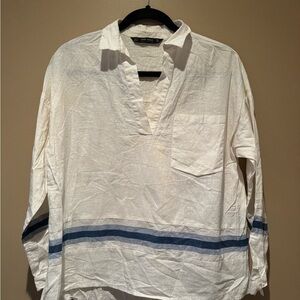 Zara White and Blue V-Neck Blouse